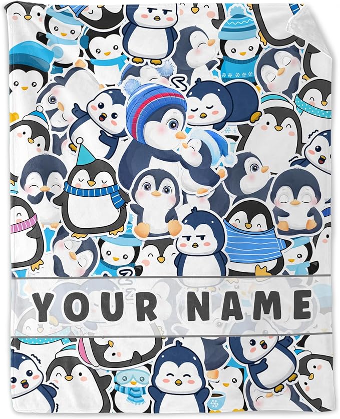Custom Penguin Throw Blanket for Teens - 50" x 60" Inches Cute Penguin Blanket Gift for Girls - Blue Soft Cozy Throws for Couch, Bed & Travel