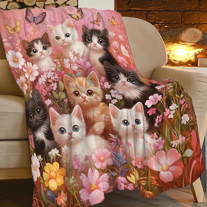 Pink Cat Blanket Funny Cats Throws Pet Animal Print Plush Fuzzy Fleece Blankets Gifts for Girls Boys Super Soft Warm Cozy Butterfly Flower Stuffed for Kids Men Women Bed Sofa Bedding 80"x60"