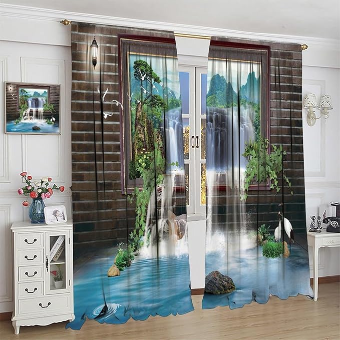 Waterfall Blackout Window Curtains, Tropical Rainforest Jungle Plants Forest Wild Nature Landscape Window Drapes, for Living Room Bedroom 42x45in 2 Panels