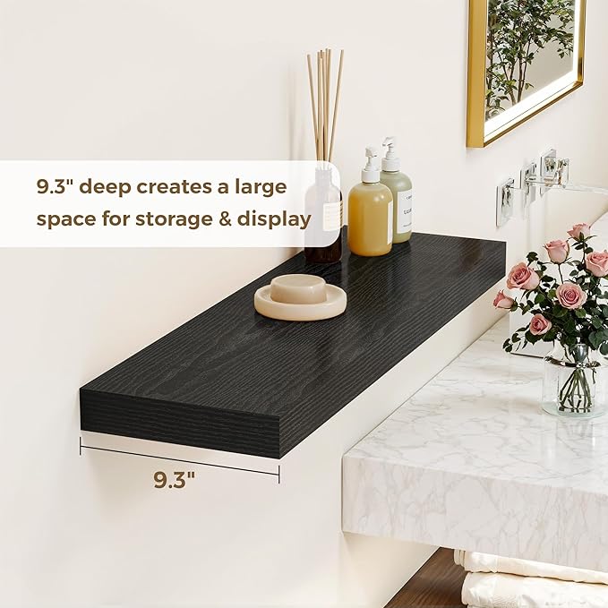 Dreamland 48 Inches Floating Shelves for Wall, 9.3" Deep Long Floating Shelves Set of 1, Large Display & Storage Shelf, Wall Shelf for Bathroom Bedroom Living Room Kitchen Office, Black