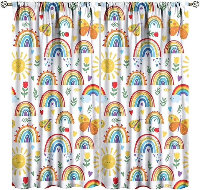 Boho Rainbow Curtains for Kids Nursery Colorful Floral Sun Star Clouds Pastel Bohemian Pattern Print Window Drapes for Girl Bedroom Living Room Kitchen Decor,2 Panel Set,63Wx63H Inch Blackout