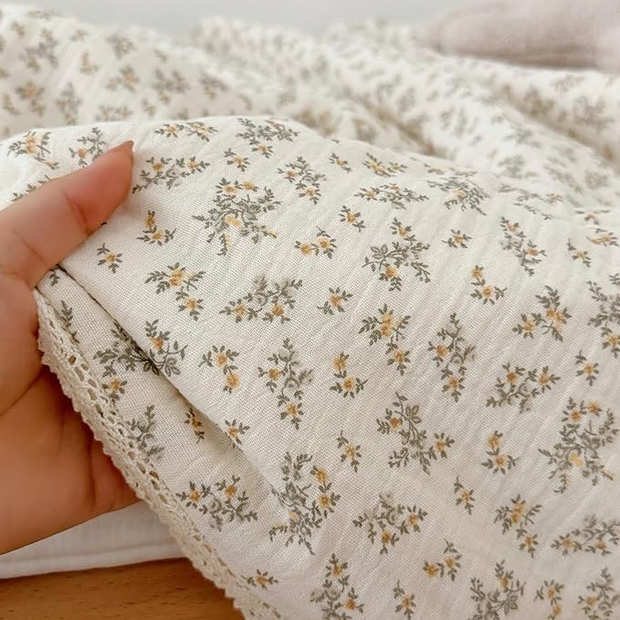 BuLuTu Muslin Kids Quilt Soft Breathable Toddler Girls Boys Twin Bed Comforter, Vintage Floral Quilted Blankets with Lace Edges, Osmanthus Print, 60x78 Inches, Machine Wash