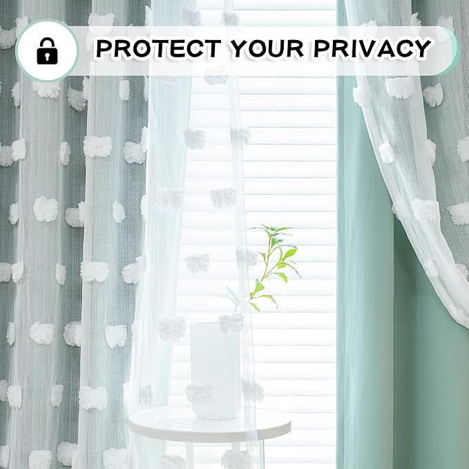 MYSKY HOME Aqua Curtains for Kids Room Nursery Curtains 72 Inches Long for Girls Bedroom Double Layer Curtains White Pom Pom Sheer Curtains for Dining Room Grommet Room Darkening Panels W52 X L72