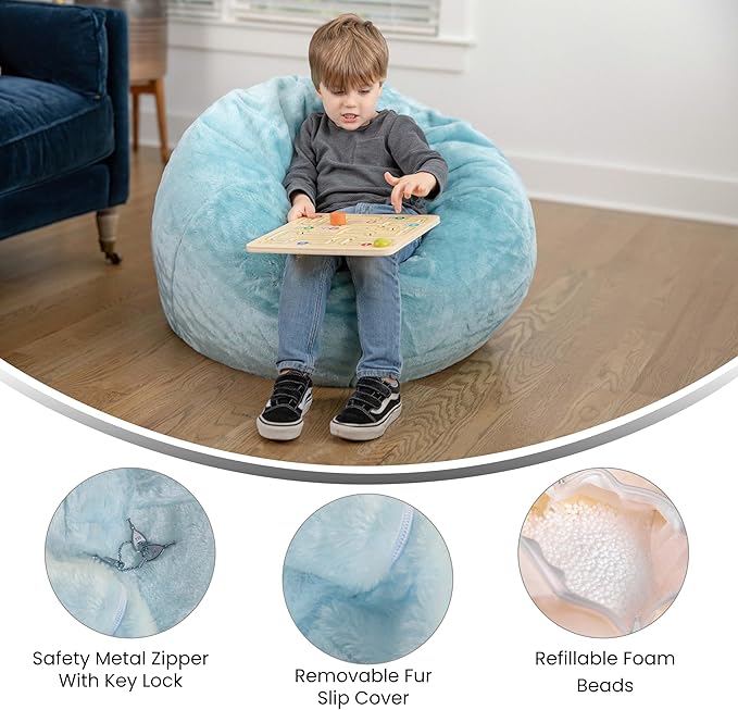 EMMA + OLIVER Daisy Small Teal Furry Bean Bag Chair for Kids and Teens