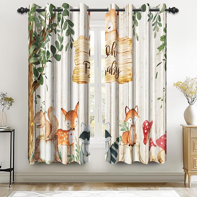 Renaiss 26 x 63 Inch African Safari Baby Curtains Grommet Blackout Window Curtain Planks Animals Tropical Tree Stump Fox Squirrel Mushrooms Print Window Treatment for Kids Boys Bedroom Decor 2 Panels