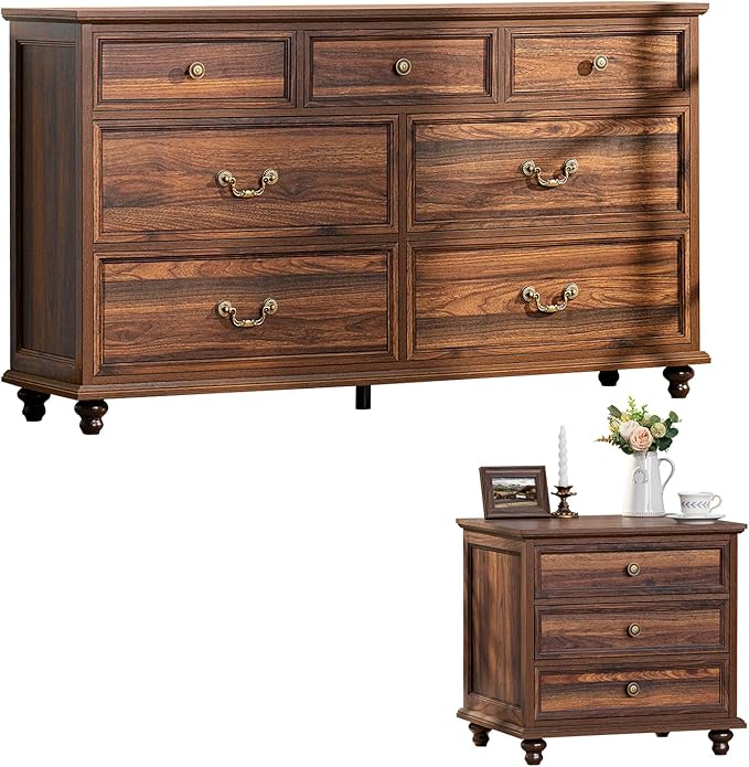 Farmhouse Dresser and Nightstand Sets, Wooden 7 Drawers Dresser & 24" Night Stand with 3 Drawers, 2 Piece Bedroom Furniture Set, Chest of Drawers for Bedroom, Home, Living Room, Hallway