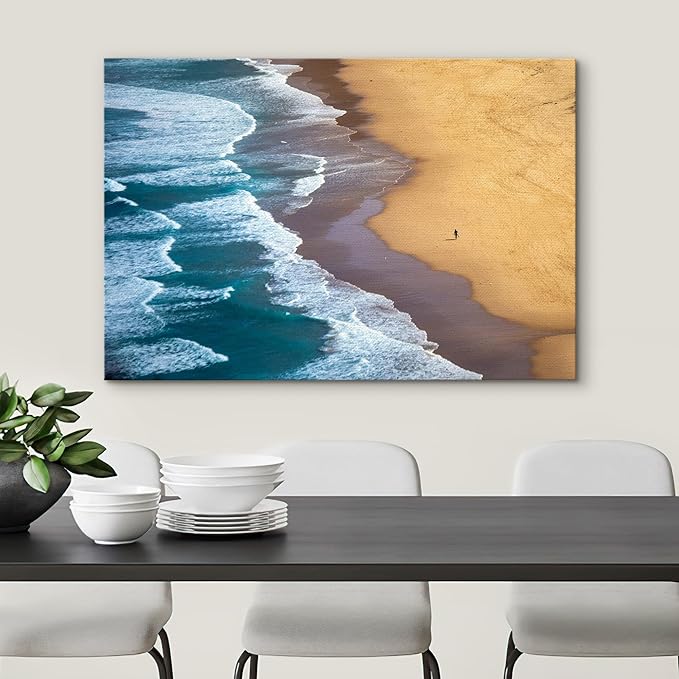 SIGNWIN Canvas Wall Art Serene Ocean Shoreline Aerial Beach View with Rolling Waves and Lone Surfer Photography Modern Art Rustic Landscape Relax/Calm for Living Room, Bedroom - 24"x36"