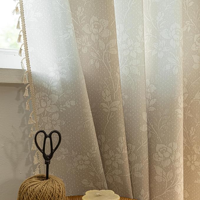 ENJOYBRIDAL Floral Curtains 84 Inches Long 2 Panels Light Camel Rustic Drapes Rod Pocket Bedroom Living Room Semi Sheer Window Curtain Panels Floor Length Farmhouse Boho Chic Cute Window Treatments