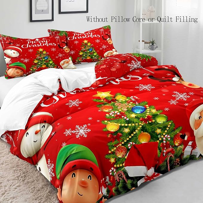 LUVIVIHOME 2PCS Christmas Duvet Cover Twin Bedding Sets, Kids Bedding, Santa Claus Snowman Reindeer Elf Snowflake Christmas Tree Holiday New Year Xmas Red Christmas Comforter Quilt Cover 1 Pillow Sham