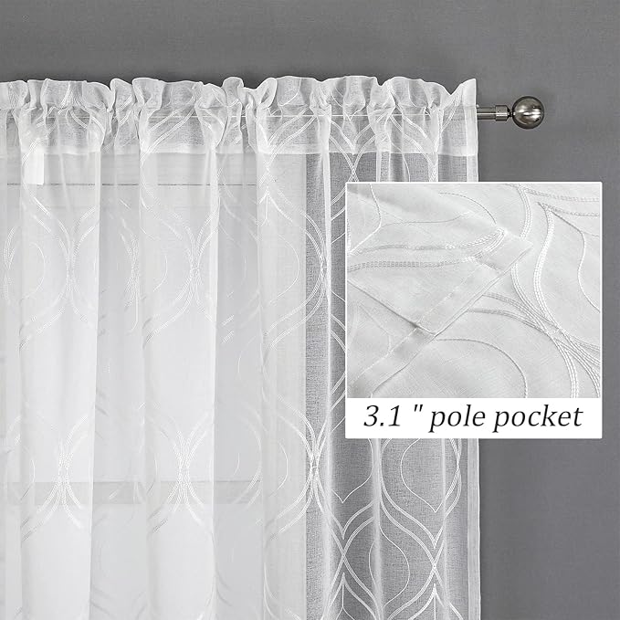 VISIONTEX White Sheer Curtains 120 Inches Long 2 Panels Set Moroccan Embroidered Curtains Trellis Decor French Textured Rod Pocket Voile Tulle Semi Window Drapes for Bedroom Living Room 54 x 120 Inch