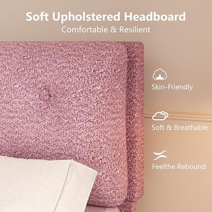 Twin Bed Frames,Breathable Boucle Fabric Upholstered Bed Frame Twin with Headboard,Removable and Washable,Wood Slat Support,No Box Spring Needed,Easy Assembly,Cama Individual,Pink