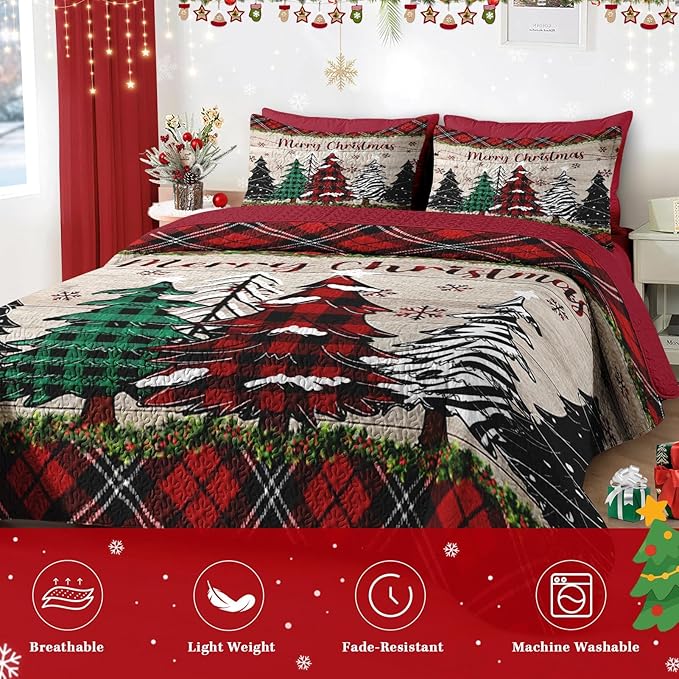 Christmas Full/Queen Size Quilt Set, Black Red Plaid Lightweight Bedspread Coverlet with Pillow Shams for Kids and Adults, Retro Colorful Pine Tree 3 Pcs Bedding Bed Cover
