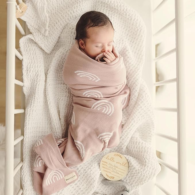 Knit Baby Swaddle Blanket for Girls - 100% Cotton Buttery Soft Cozy Receiving Swaddle Stroller Blanket for Shower Gift Registry for Newborns, Infants, Toddlers (Rainbow - Pink)
