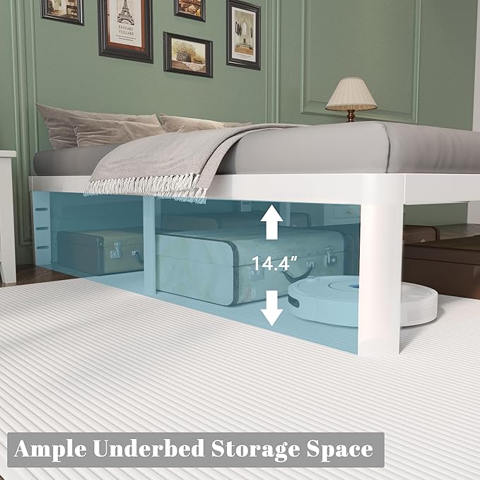 Full Size Bed Frame 16 Inch White, Metal Full Bed Frame with Baffles, No Box Spring Needed, Heavy Duty Steel Platform Supprt, Rounded Corner Design, Reserved Holes, Noiseless, Storage Space