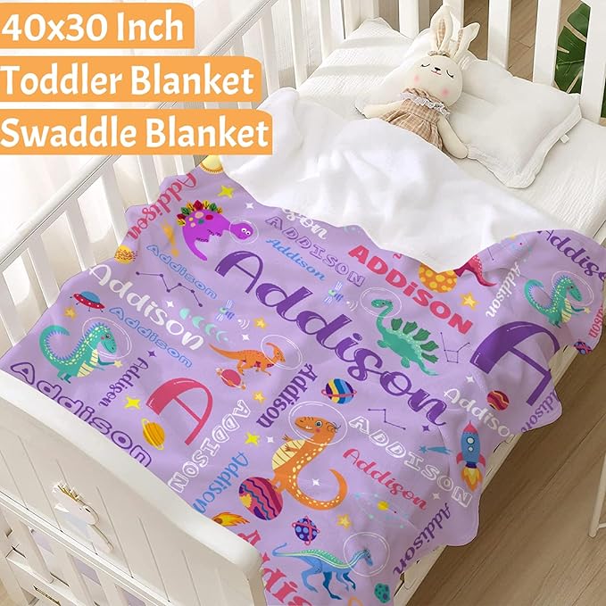Personalized Dinosaur Lover Astronaut Gifts - Purple Baby Dinosaur Custom Blanket for Toddler Boys Girls - Super Soft Fuzzy Lightweight Flannel Throw Sheet Decor for Newborn Crib Nap Couch - 30" X 40"