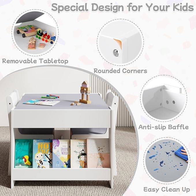 Kids Table and Chair Set, 4 in 1 Wooden Activity Table with Detachable Tabletop, Toddler Table and Chair Set with Storage Drawer/Bookshelves, Kids Play Table for Art, Drawing, Eating, Reading