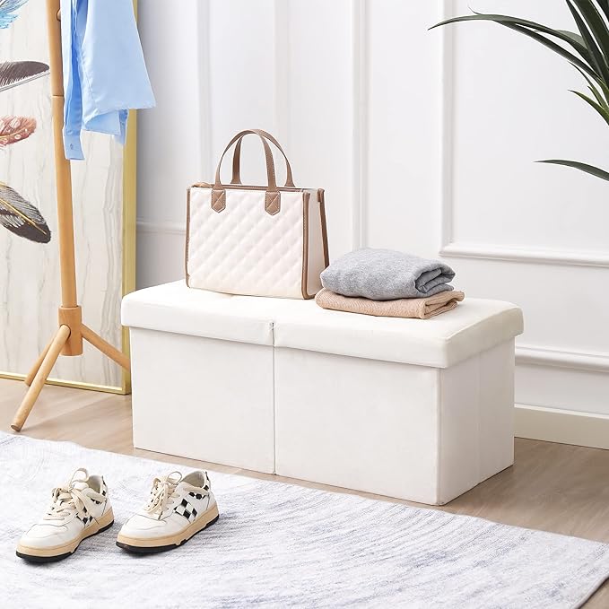 CUYOCA Storage Ottoman Bench Foldable Seat Footrest Shoe Bench End of Bed Storage with Flipping Lid, 75L Storage Space, 30 inches Velvet Cream