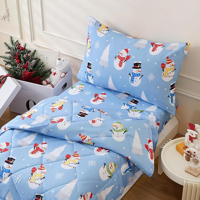 LONAVA Winter Twin Kids Comforter Set - 4 Pieces Twin Bedding Sets for Boys Girls Children, Ultra Soft Microfiber Bed in A Bag with Flat Fitted Sheets, Snowman