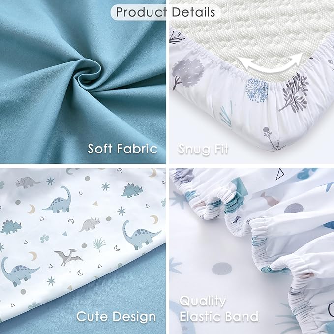 4 Pack Mini Crib Sheets Fitted - 38"x26" Pack and Play Sheets for Playard Mattress, Portable Mini Crib | Soft & Skin Friendly Pack N Play Sheets for Boys Girls (Dinosaur & Leaf)