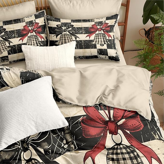 Christmas Duvet Cover Queen Size Retro Christmas Bell Gingham Bedding Set 3 Pcs Kids Boys Girls Xmas Happy Holiday Checked Pattern Comforter Cover with Zipper Closure (No Comforter)