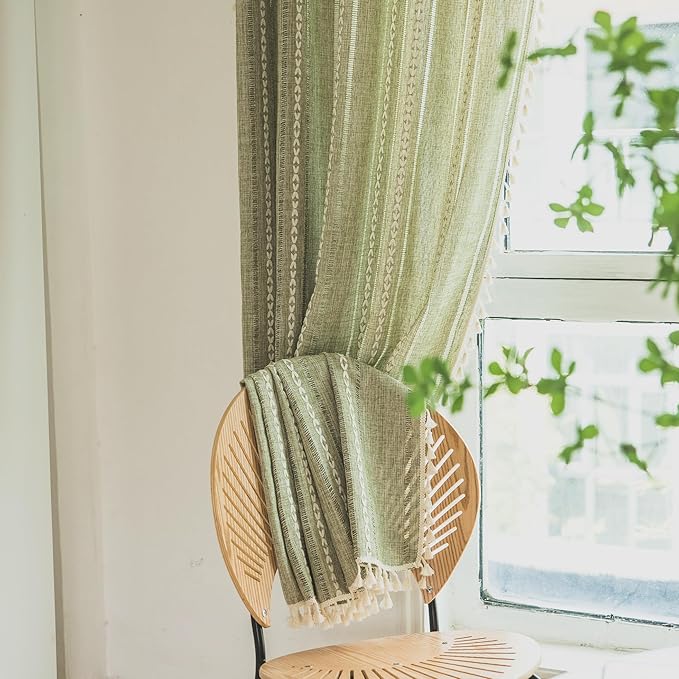 Deeprove Green Boho Curtains 96 Inches Long for Bedroom Dining Room Kitchen Closet, Bohemian Chic Textured Embroidery, Vintage Handmade Tassels Christmas Decor Drape, Rod Pocket, 1 Panel W52 x L96