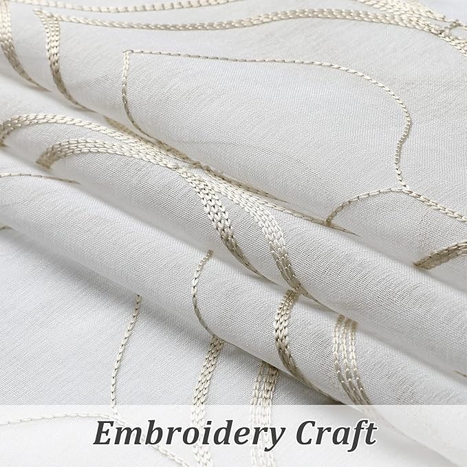 VISIONTEX White Sheer Curtains 84 Inches Long 2 Panels Set Brown Moroccan Embroidered Curtains Trellis French Textured Rod Pocket Voile Tulle Semi Window Drapes for Bedroom Living Room 54 x 84 Inches