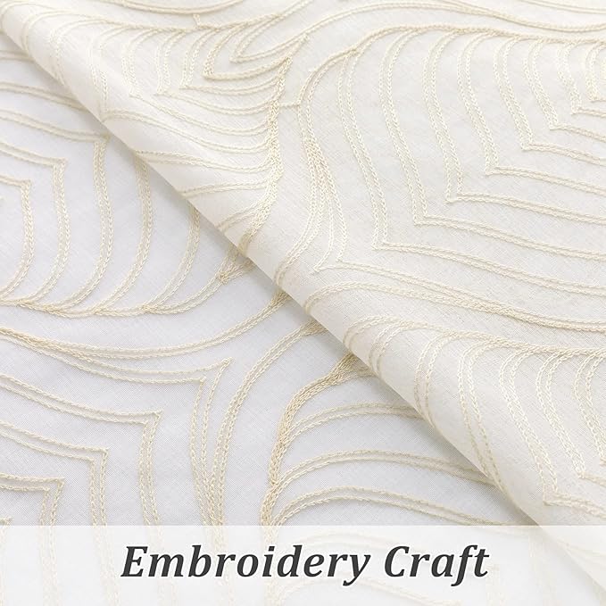 VISIONTEX Sheer Curtains 63 Inch Length 2 Panels Set Beige Moroccan Embroidery Texture Geometric Rod Pocket Ivory White Voile Tulle Semi Window Treatment Pair for Bedroom Living Room 54 x 63 Inches