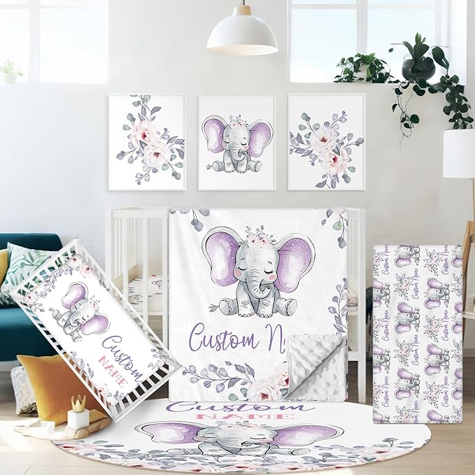 Custom Baby Crib Bedding Set, 5 Pcs Personalized Purple Elephant Crib Bedding Set with Name, Baby Boys Girls Nursery Crib Set, Soft Flannel Baby Blanket, Customized Gift for Infant New Parents