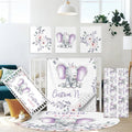 Custom Baby Crib Bedding Set, 5 Pcs Personalized Purple Elephant Crib Bedding Set with Name, Baby Boys Girls Nursery Crib Set, Soft Flannel Baby Blanket, Customized Gift for Infant New Parents