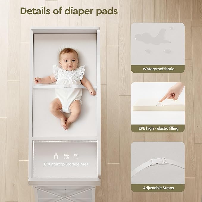 Changing Table, 6-Drawer Baby Dresser with Changing Table top, Waterproof Diaper Changing Station & Pad, 2 Height-Adjustable Open Storage Shelves, Mobile Nursery Organizer, White