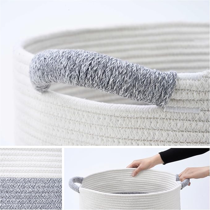 Blanket Basket - Woven Round Rope Storage Basket (16"Wx14"H) for Blankets & Throws, Small Laundry & Toy Organizer, Decorative Living Room & Bedroom Cotton Basket - White & Gray