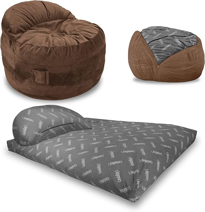 CordaRoy's NEST Gaming Bean Bag Chair-Convertible Bean Bag Chair -Washable Chenille Cover with Pockets for Remote, Controllers-for Living Room,Basement-Queen Size-Espresso|Made in The USA