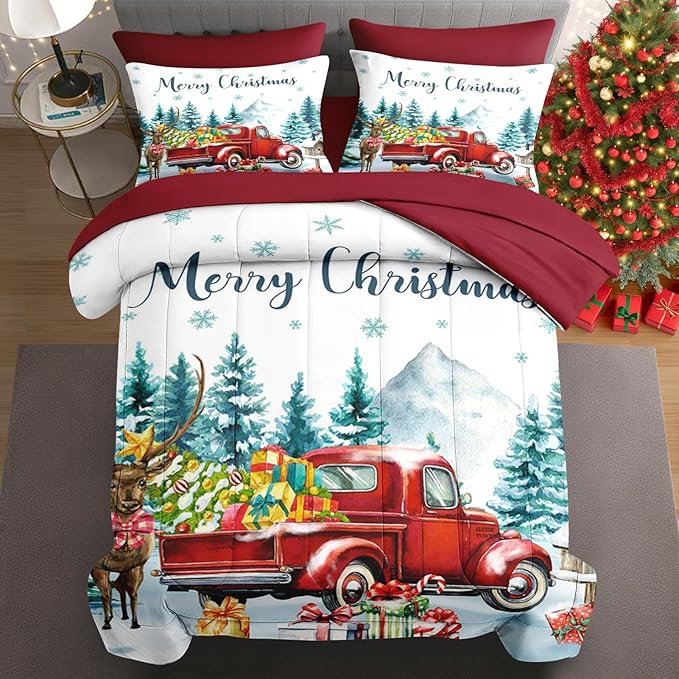7 Pcs Queen Size Christmas Comforter Set with 2 Pillowcases & 2 Shams, Red Vintage Truck Elk Bedding for Kids and Adults, Winter Forest Bed in a Bag with Flat Fitted Sheet