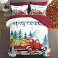 7 Pcs King Size Christmas Comforter Set with 2 Pillowcases & 2 Shams, Red Vintage Truck Elk Bedding for Kids and Adults, Winter Forest Bed in a Bag with Flat Fitted Sheet
