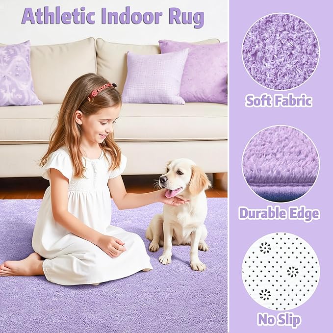 Chicrug 4x6 Minimalist Washable Area Rugs for Bedroom Living Room Classroom, Modern Soft Memory Foam Rug for Kids Nursery, Low Plie Indoor Carpet for Dorm Dining Office Bedside Room Decor, Purple