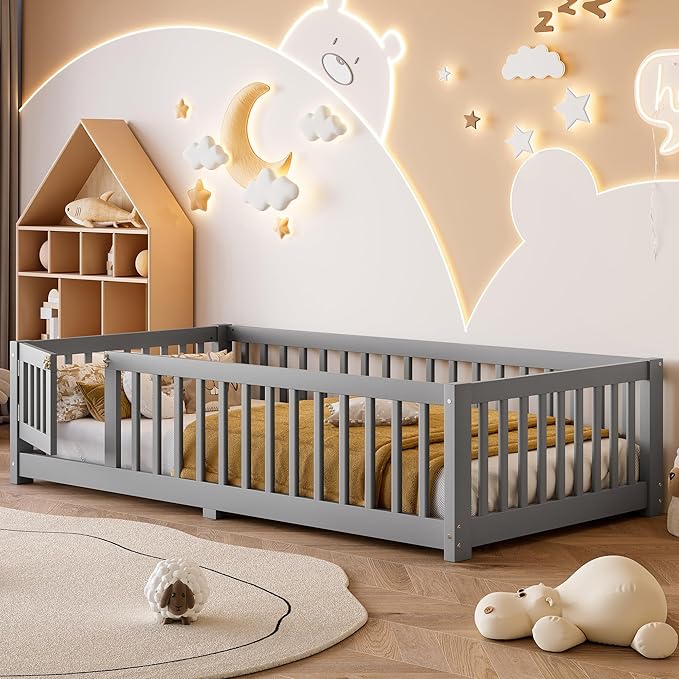 Bellemave Twin Size Floor Bed with Rails for Kids, Girls, Boys, Pine,Plywood Floor Bed with slats and Door, Grey