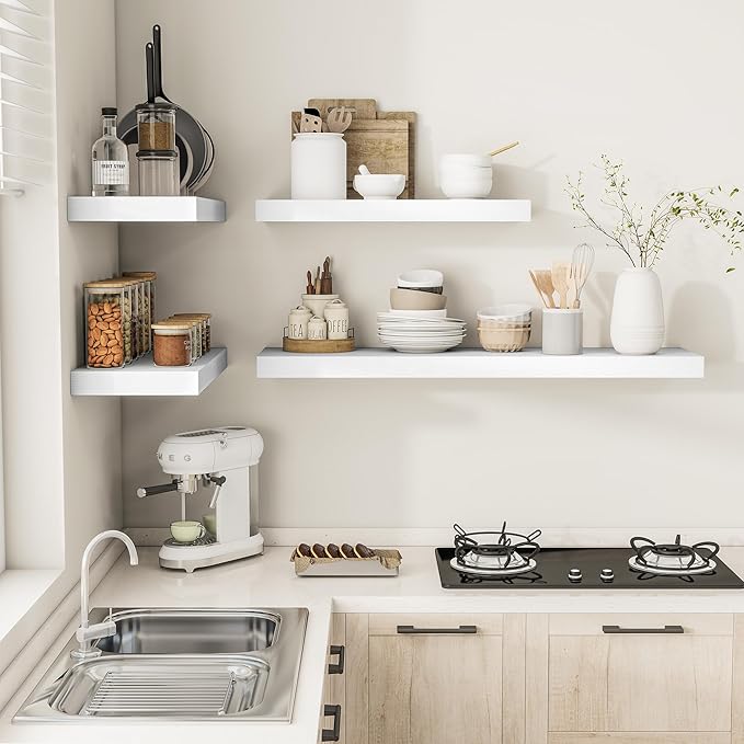 Vivelove 2" Thick Floating Shelves, 24/36/48/55 Inch X 12 Deep Shelves for Room Wall Mounted, Floating Shelf for Living Room Bedroom Bathroom Kitchen Laundry Room, Set of 2 White