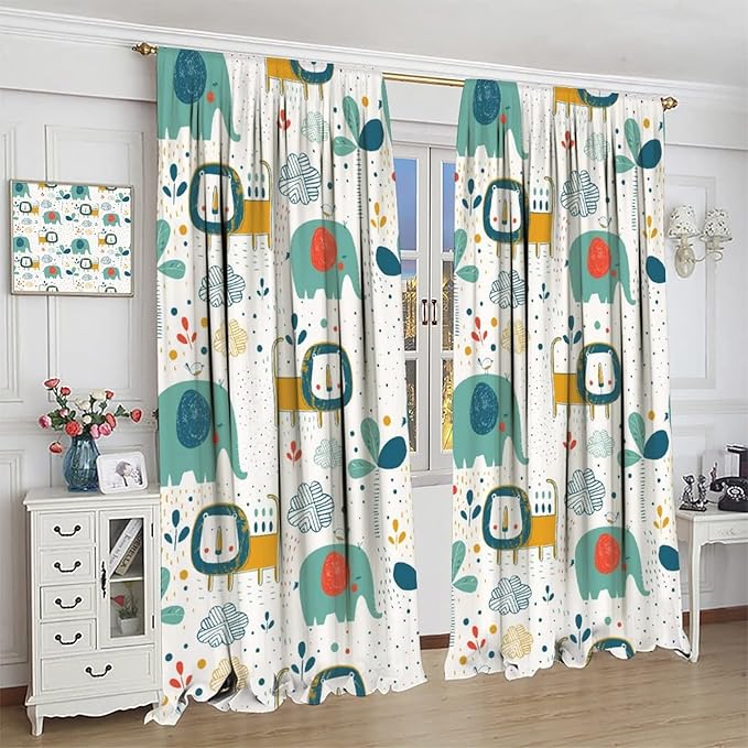 Cute Lions Blackout Curtains for Kids Bedroom,Cartoon Tropical Plants Birds Elephants Print Pattern Window Drapes,Funny Animal Thermal Insulation Curtain for Nursery Baby Room 42x54 Inch