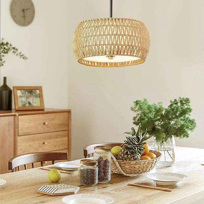 Rattan Pendant Light Kitchen Island,12.8" Hand-woven Modern Semi Flush Mount Ceiling Light Fixture,Boho Woven Lamp Shade Chandelier,Adjustable Farmhouse Hanging Light for Bedroom Bar Hallway