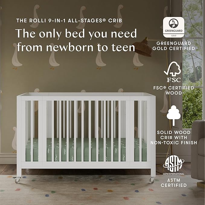 babyletto Rolli Convertible All-Stages® Bassinet and Full-Size Crib in White, Greenguard Gold Certified, FSC Certified, Portable & Adjustable with Conversion Kits and Pads Included