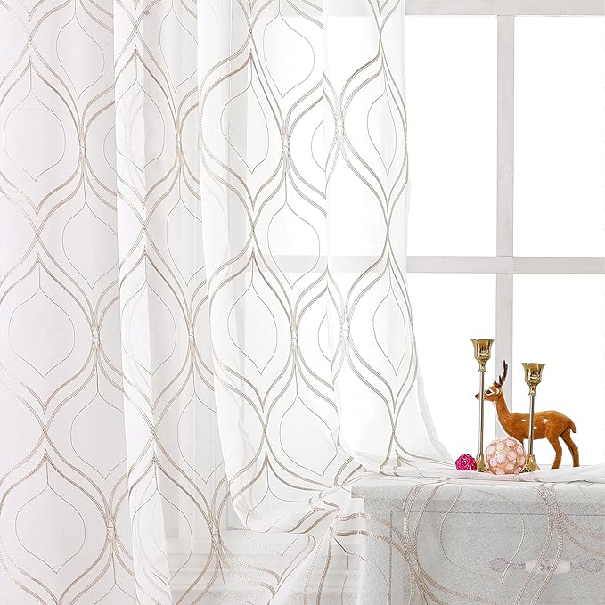 VISIONTEX White Sheer Curtains 72 Inches Long 2 Panels Set Brown Moroccan Embroidered Curtains Trellis French Textured Rod Pocket Voile Tulle Semi Window Drapes for Bedroom Living Room 54 x 72 Inches