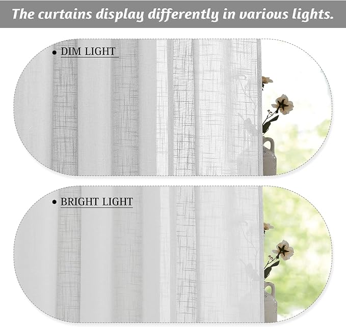 RYB HOME Linen Sheer Curtains - Privacy Textured Semi Sheer Drapes Light Glare Filtering for Bedroom Living Room French Door Window Decor, Width 52 in x Length 84 in, 2 Panels, Dove Grey