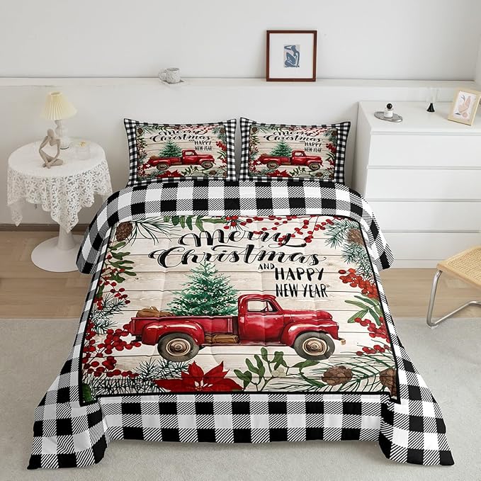Manfei Red Truck Comforter Set Full Size, Christmas Theme New Year Quilt Set with 2 Pillowcases, Grey Plaid Print Bedding Set 3pcs for Kids Boys Girls Bedroom Decor