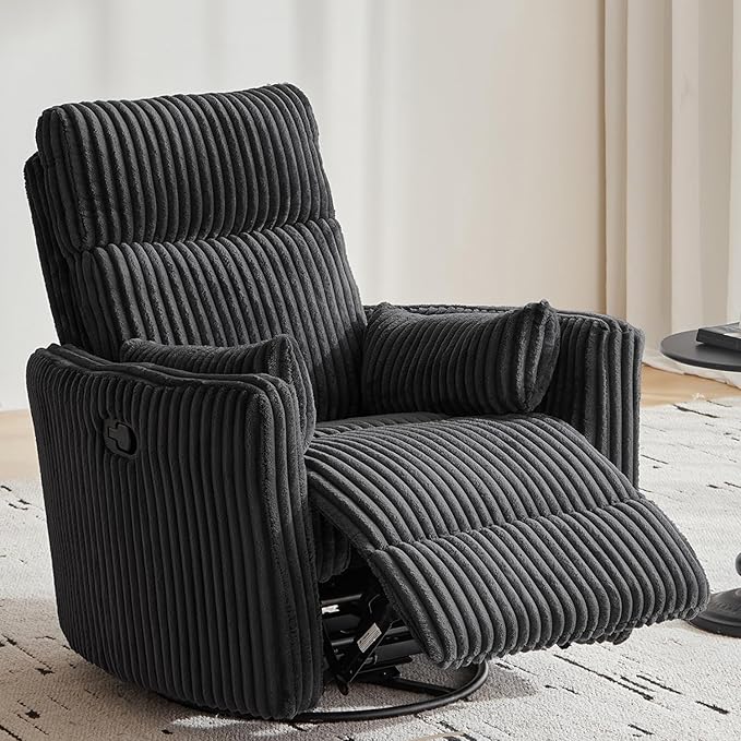 LINSY 360 Swivel Recliner Chair - Corduroy Nursery Glider Rocking Chair with 2 Pillows, Comfy High Back Adult Recliner for Small Spaces, Nursery Bedroom Living Room Reclining (Black)