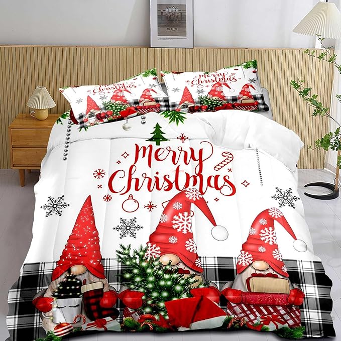 LUVIVIHOME 3PCS Christmas Comforter Set Full Size, Funny Cute Gnome Bedding, Black & White Plaid Snowflake Xmas Merry Christmas Bedroom Decor for Kids Girls Boys Teens White Quilt, 2 Pillow Cases