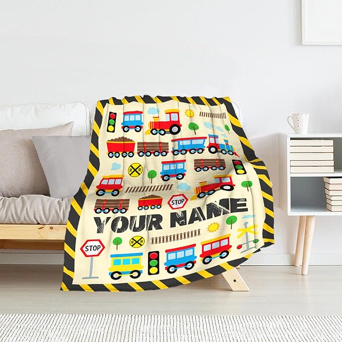 Personalized Train Throw for Adults - 60" x 80" Inches Cute Train Blanket Gift for Boys - Yellow Soft Cozy Throw Blanket for Bed, Couch, Travel