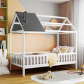 Bellemave Twin House BedFrame with Roof, Montessori Floor Bed, House Bed with Rails for Kids, White+Gray