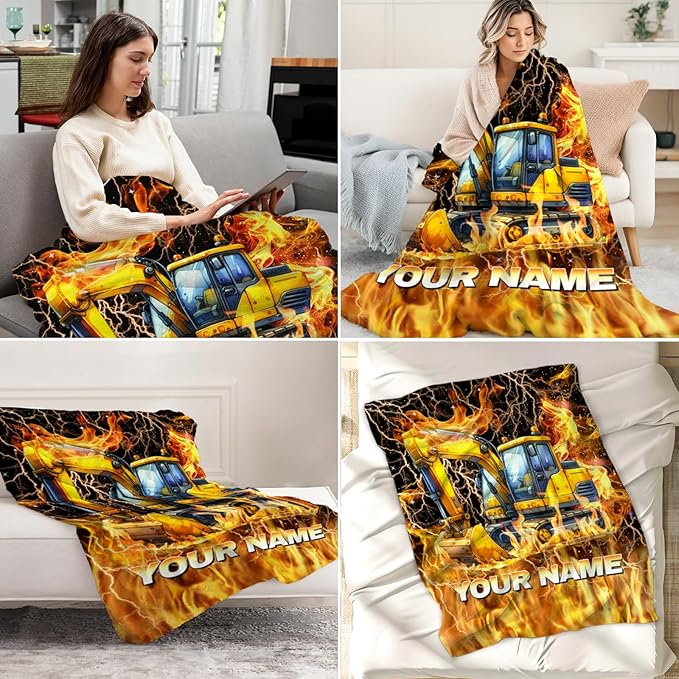 Kids Blanket Gifts Personalized Excavator Blankets for Toddler, Boys - Cozy Fuzzy Truck Flannel Throws Stuff for Couch, Office & Travel