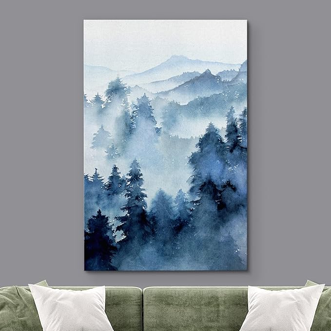 SIGNWIN Canvas Print Wall Art Woodland Nursery Decor Blue Winter Mist Pastel Mountain Forest Nature Illustrations Modern Art Decorative Landscape Colorful for Living Room, Bedroom, Office - 12"x18"