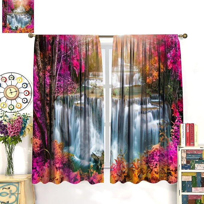 Waterfall Blackout Window Curtains, Nature Landscape Fores Theme Rod Pocket Window Drapes, for Living Room Bedroom 42" W X 63" L